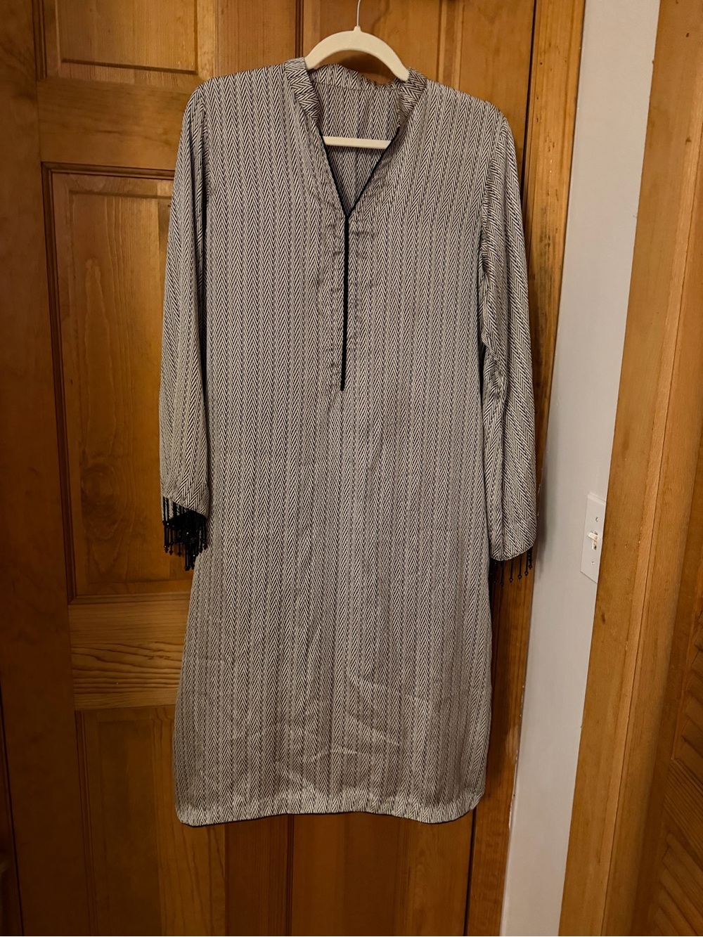 Light Gray Patterned Long Sleeve Kaftan
